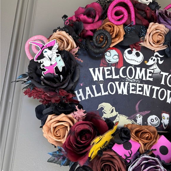 Halloween Town Wreath with Pink and Black Roses - Picture 3 of 6
